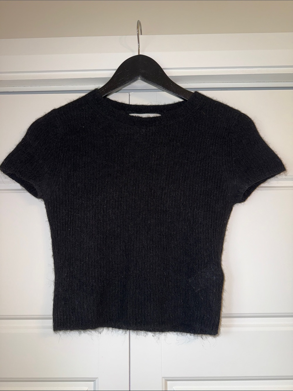 Zara Black Short-Sleeve Mohair Wool Cropped Crew Neck Sweater